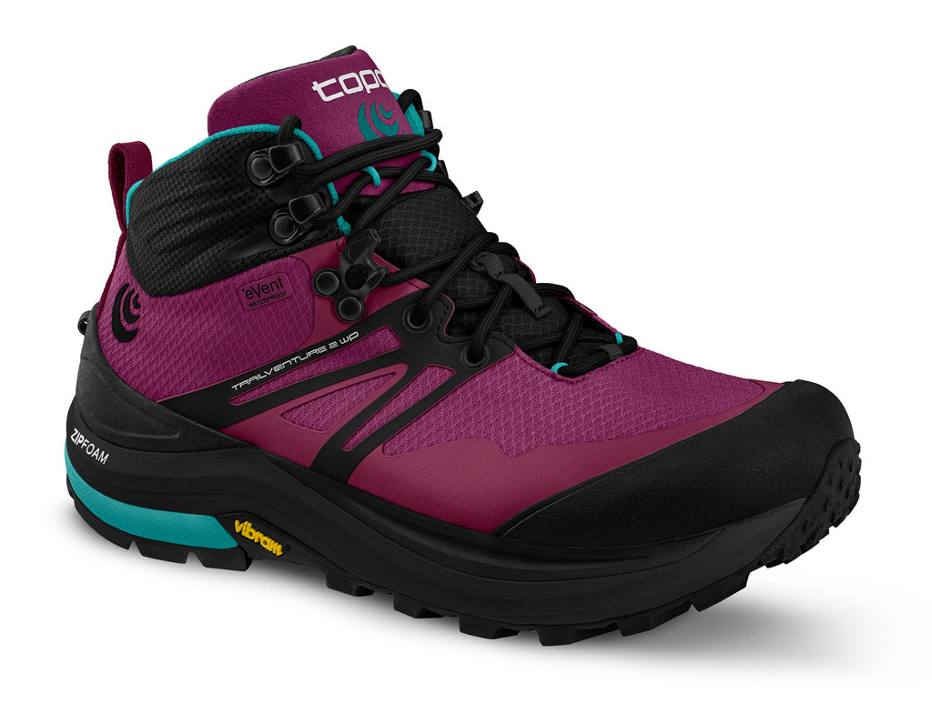 Women's Topo Athletic Trailventure 2 WP. Red/pink upper. Black midsole. Lateral view.