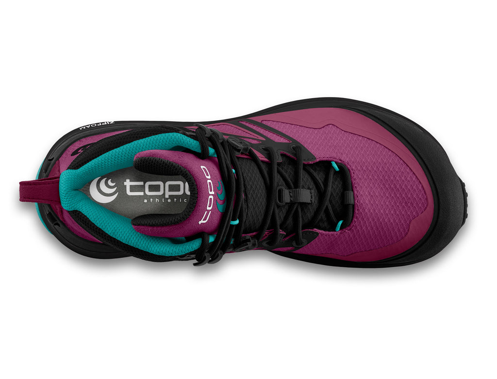 Women's Topo Athletic Trailventure 2 WP. Red/pink upper. Black midsole. Top view.