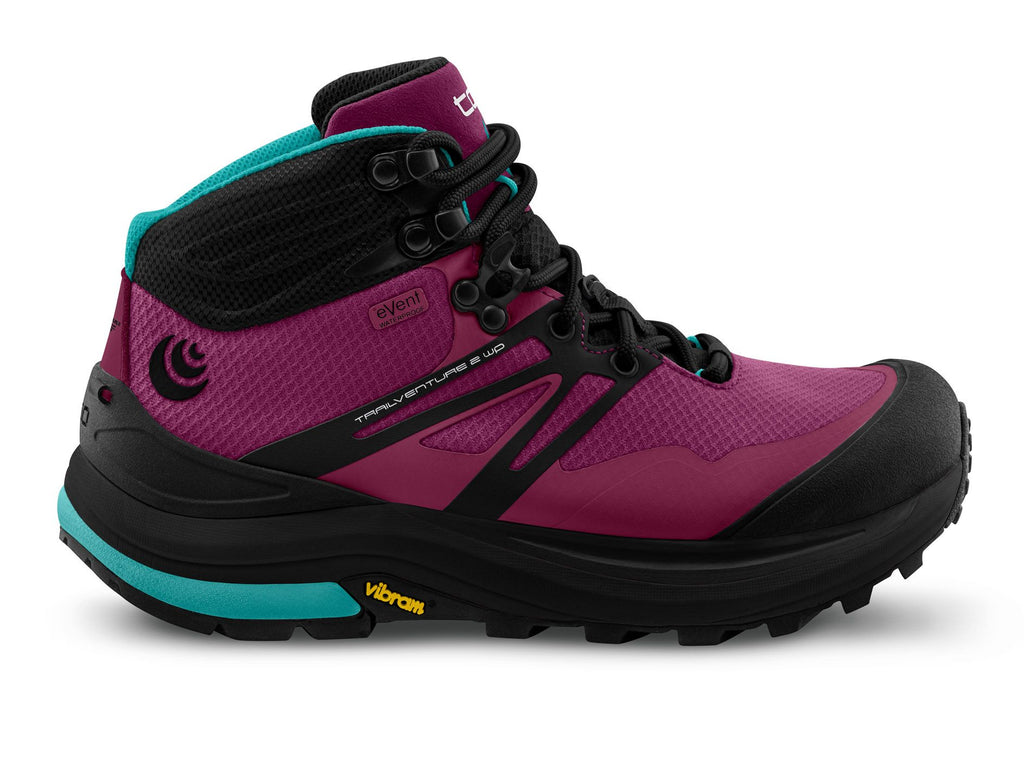 Women's Topo Athletic Trailventure 2 WP. Red/pink upper. Black midsole. Lateral view.