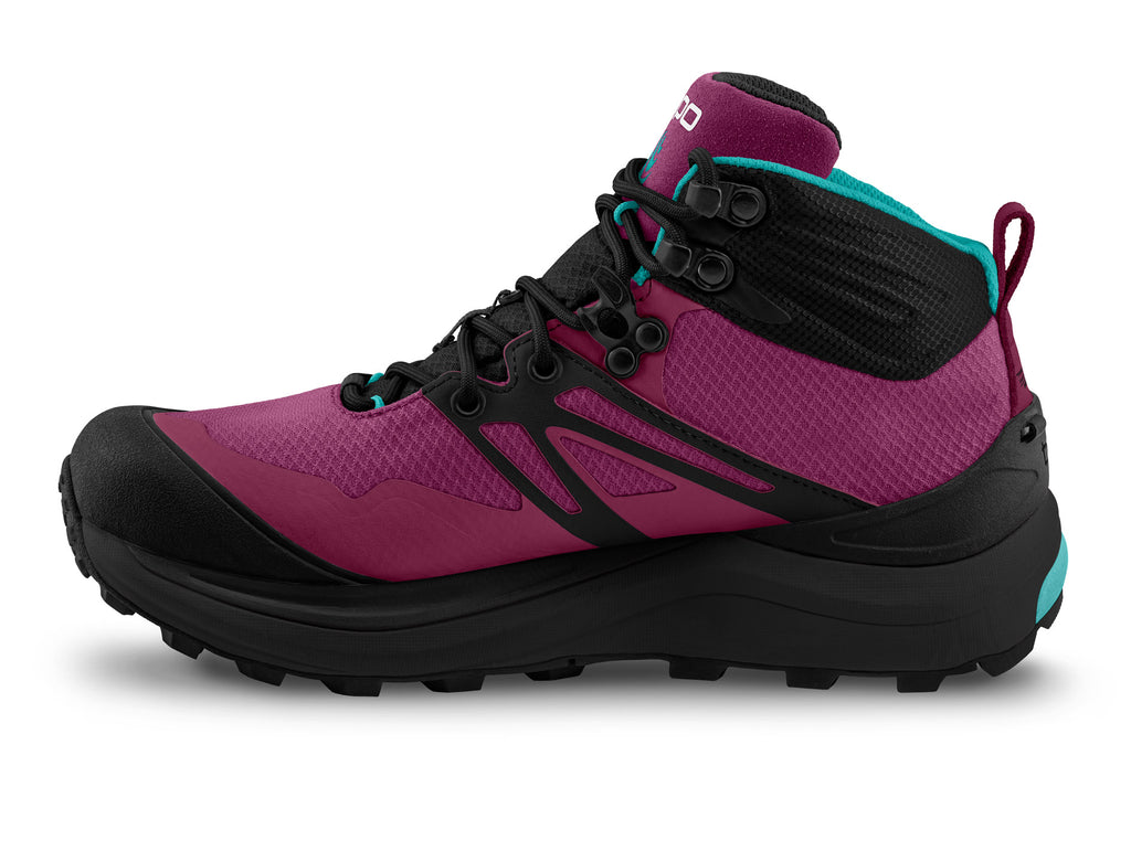 Women's Topo Athletic Trailventure 2 WP. Red/pink upper. Black midsole. Medial view.