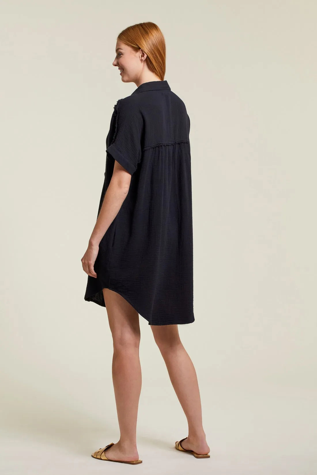 crinkle shirt dress Alexandra Crinkle Tiered Shirt Dress in Navy Small
