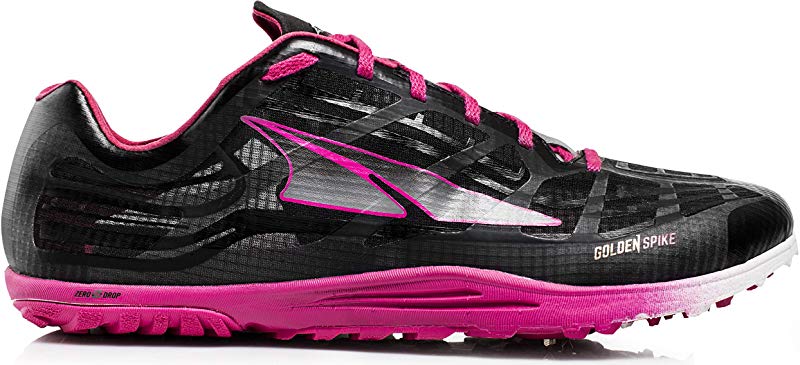 Altra Spikes. Black upper. Pink midsole. Lateral view.
