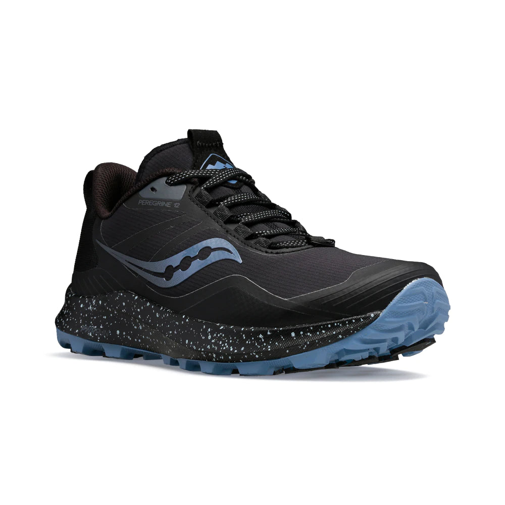 Women's Saucony Peregrine ICE 3. Black upper. Black midsole. Lateral view.