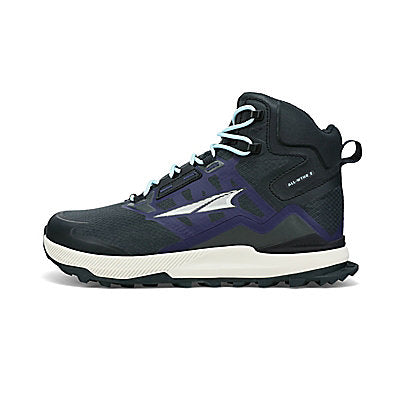 Women's Altra Lone Peak All Weather Mid 2. Black/navy upper. Off white midsole. Lateral view.