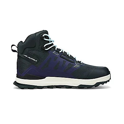 Women's Altra Lone Peak All Weather Mid 2. Black/navy upper. Off white midsole. Medial view.