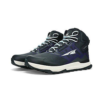 Women's Altra Lone Peak All Weather Mid 2. Black/navy upper. Off white midsole. Lateral view.