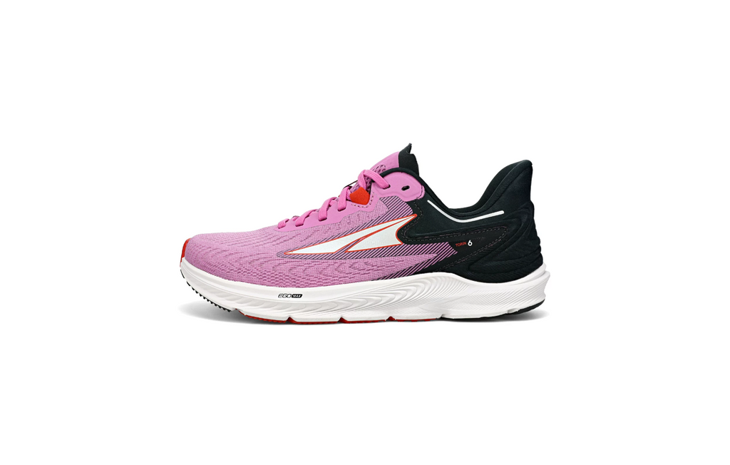 Women's Altra Torin 6. Pink upper. White midsole. Lateral view.