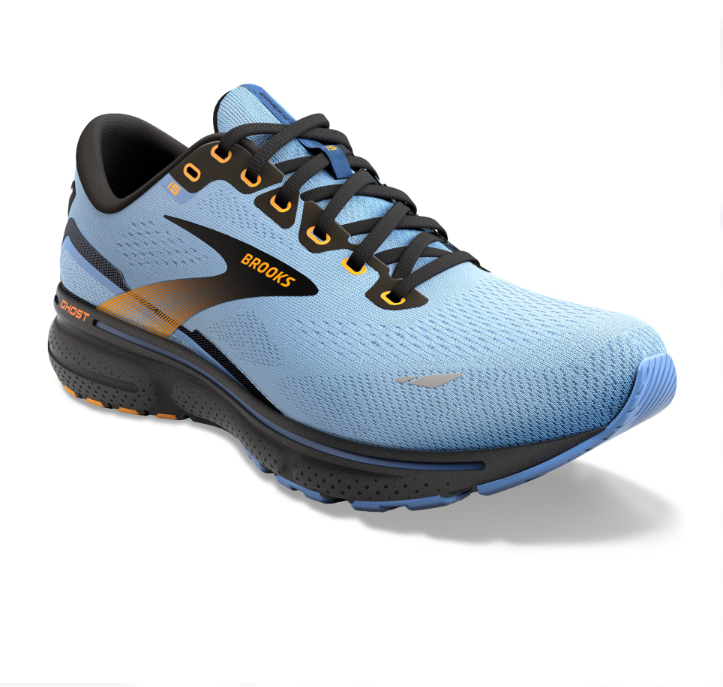 Women's Brooks Ghost 15. Blue upper. Black midsole. Lateral view.
