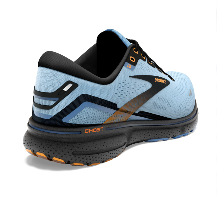Women's Brooks Ghost 15. Blue upper. Black midsole. Rear/Lateral view.