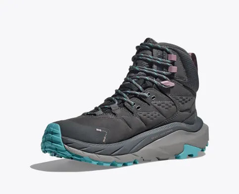 Women's Hoka Kaha 2 GTX. Dark grey upper. Dark grey/grey midsole. Medial view.