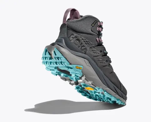 Women's Hoka Kaha 2 GTX. Dark grey upper. Dark grey/grey midsole. Lateral/rear view.