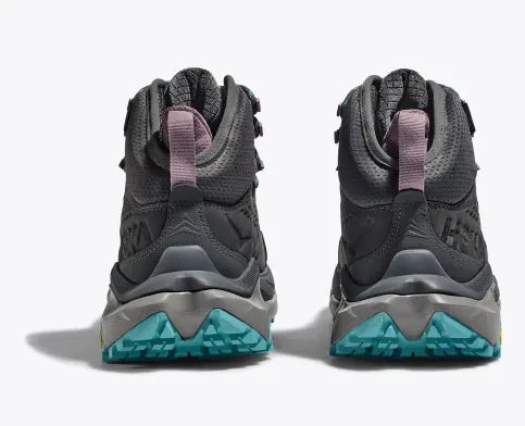 Women's Hoka Kaha 2 GTX. Dark grey upper. Dark grey/grey midsole. Rear view.