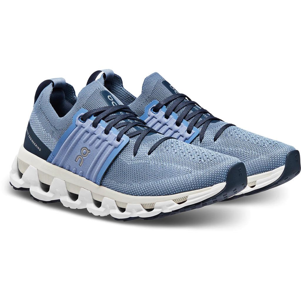 Women's On Cloudswift 3. Blue upper. White midsole. Lateral view.