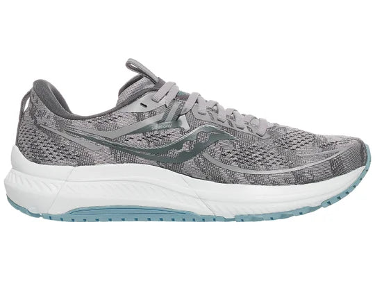 Women's Saucony Omni 21. Grey upper. White midsole. Medial view.