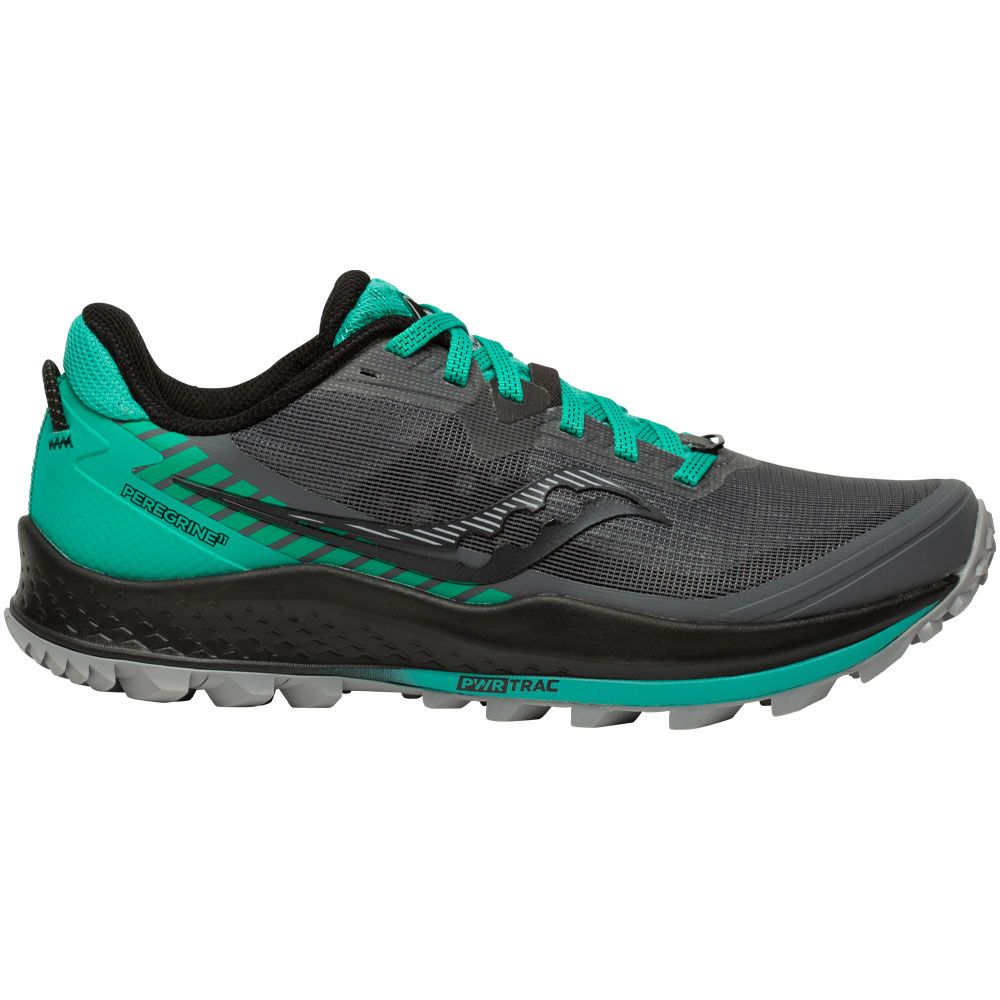 Women's Saucony Peregrine 11. Black upper. Black midsole. Lateral view.