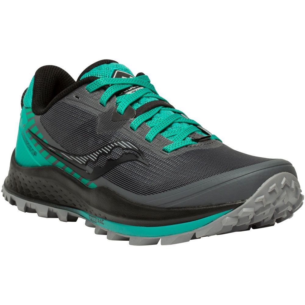 Women's Saucony Peregrine 11. Black upper. Black midsole. Lateral view.