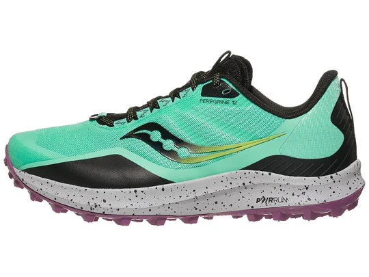 Women's Saucony Peregrine 12. Green upper. Grey midsole. Lateral view.