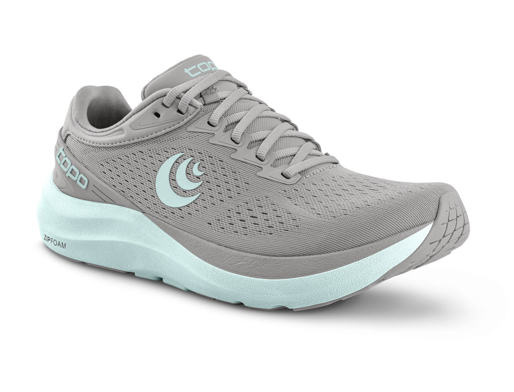 Women's Topo Athletic Phantom 3. Grey upper. Off white midsole. Lateral view.